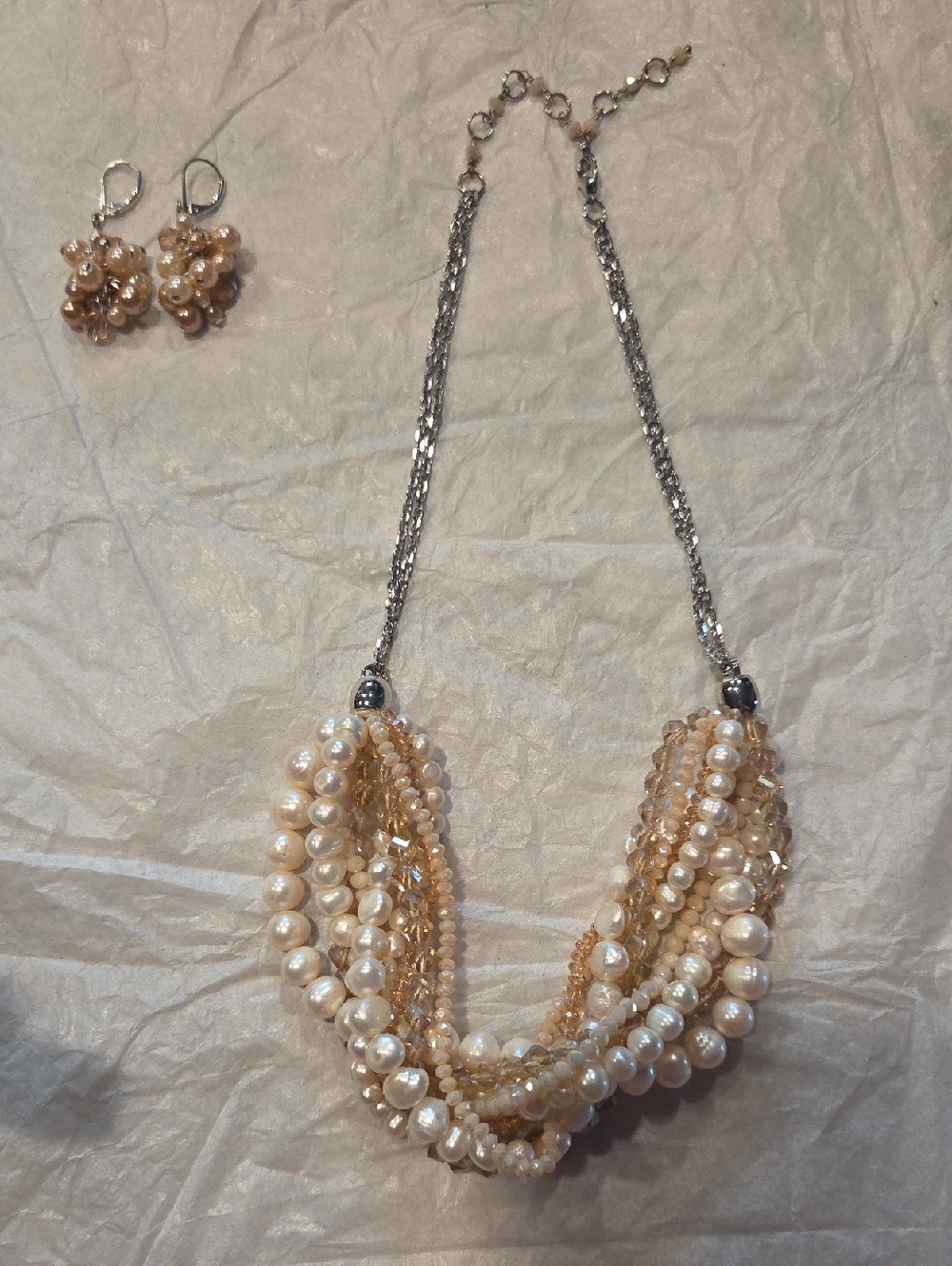 Multi-Strand Pearl& Crystal Necklace in Champagne &Pink with Matching Earrings